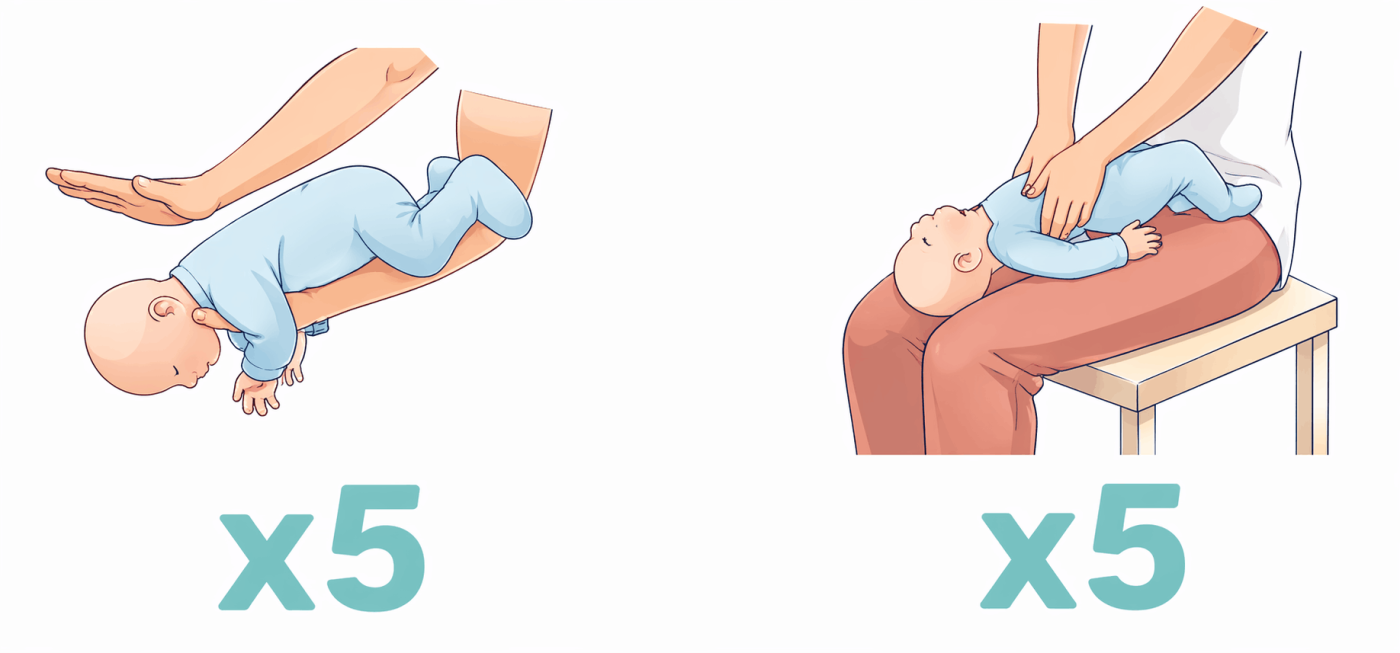 Maniobra de desobstrucción para bebés menores de 1 año: 5 golpes en la espalda y 5 compresiones torácicas