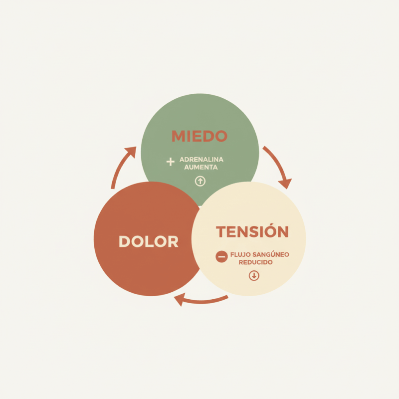 Ilustración del ciclo miedo-tensión-dolor: tres círculos conectados mostrando cómo el miedo genera tensión, la tensión aumenta el dolor y el dolor retroalimenta el miedo