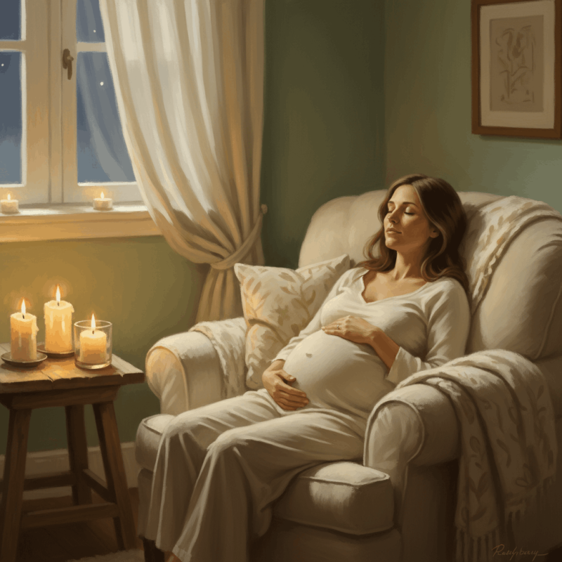 Mujer embarazada en estado de relajación profunda en un sillón cómodo, luz cálida de vela, entorno tranquilo — práctica de hipnoparto en casa