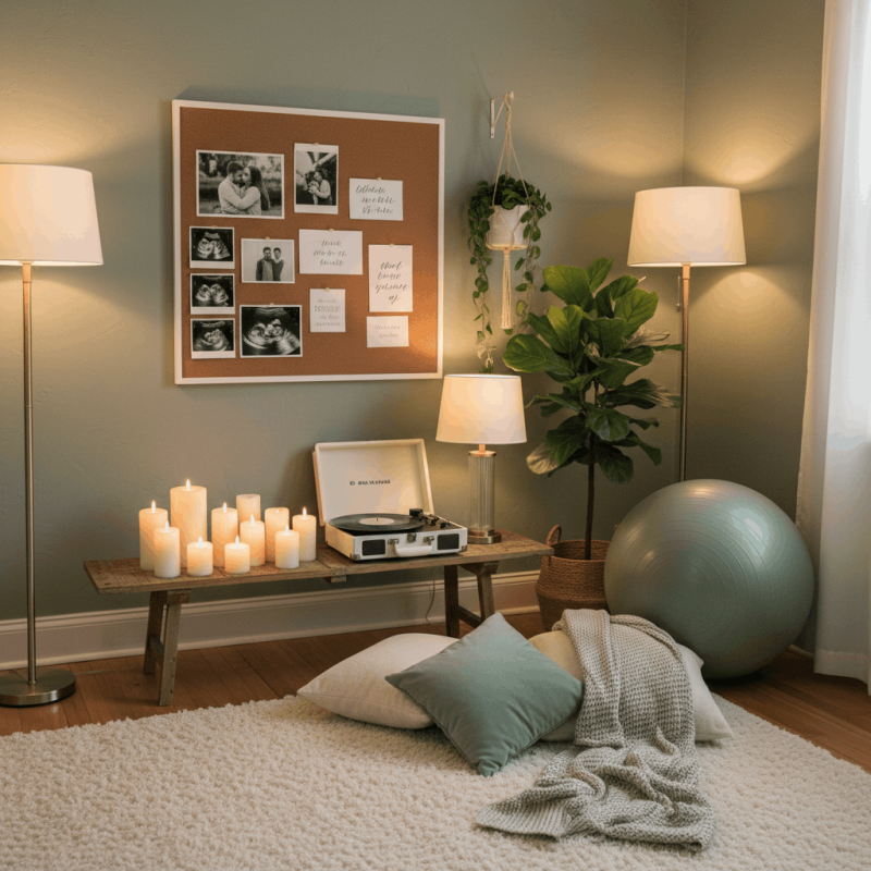 Espacio preparado para el parto con mural de oxitocina en la pared, velas, pelota de pilates, iluminación tenue — preparación del entorno para el hipnoparto