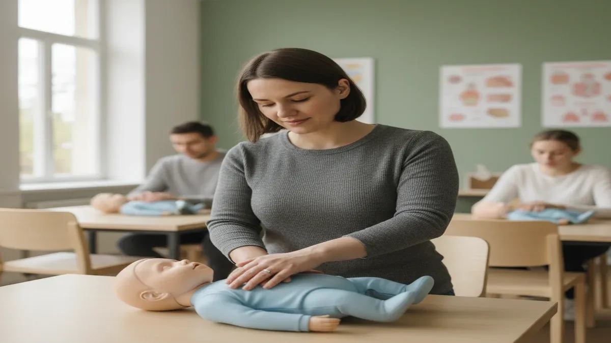 Qué hacer si tu bebé se atraganta. Madre practicando maniobra de golpes en espalda sobre maniquí de bebé en taller de primeros auxilios