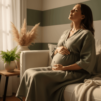 Mujer embarazada sentada con los ojos cerrados, manos sobre el vientre, practicando respiración consciente en un espacio cálido y tranquilo