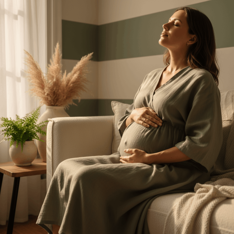 Mujer embarazada sentada con los ojos cerrados, manos sobre el vientre, practicando respiración consciente en un espacio cálido y tranquilo