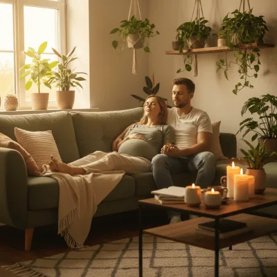 Pareja embarazada practicando hipnoparto juntos en casa, mujer relajada y recostada, pareja presente y conectada, luz cálida natural