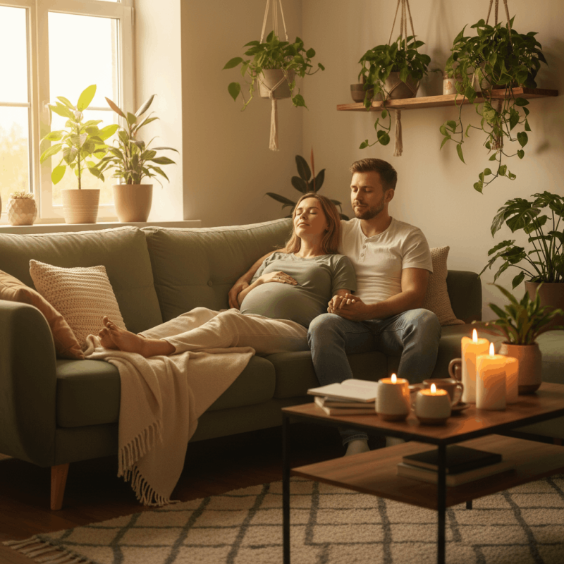Pareja embarazada practicando hipnoparto juntos en casa, mujer relajada y recostada, pareja presente y conectada, luz cálida natural