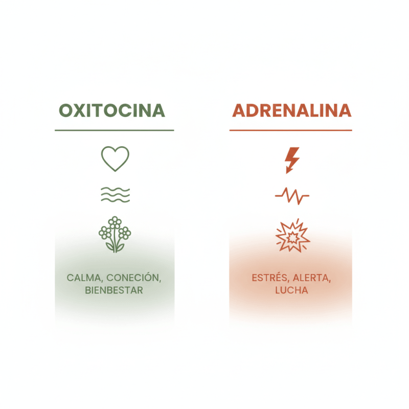 Infografía comparando oxitocina y adrenalina en el parto: la oxitocina favorece las contracciones coordinadas, la adrenalina las bloquea
