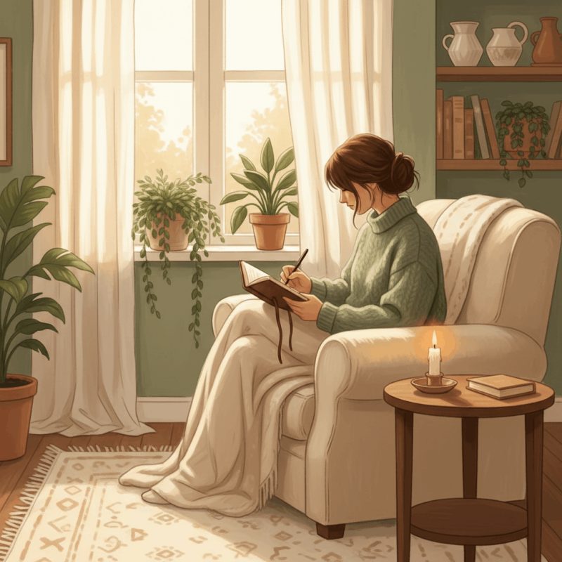 Mujer embarazada escribiendo en un diario junto a una ventana con plantas, ambiente cálido y reflexivo — trabajo con los miedos al parto