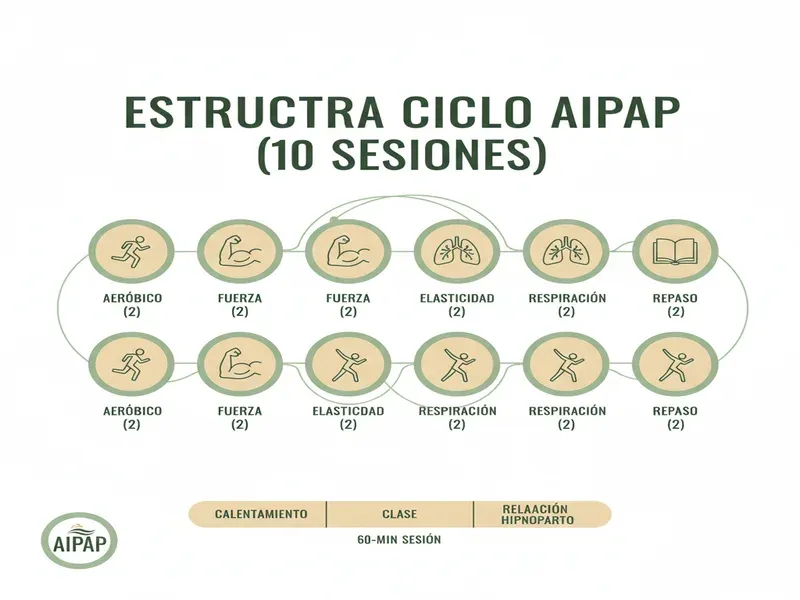 Estructura de un ciclo de 10 sesiones del método AIPAP: aeróbico, fuerza, elasticidad, respiración y repaso