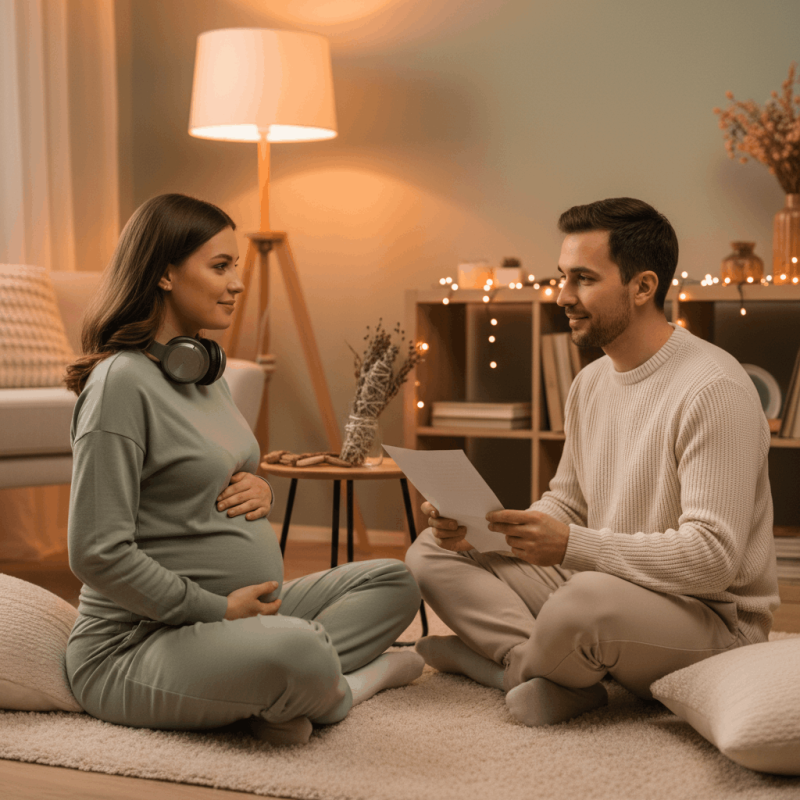 Pareja practicando meditación guiada en casa — él lee el guion en voz calmada mientras ella está relajada con las manos sobre el vientre
