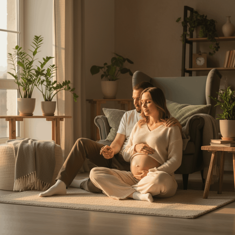 Pareja embarazada practicando hipnoparto juntos en casa — mujer relajada con la mano de su pareja sobre el hombro, ambiente cálido y tranquilo