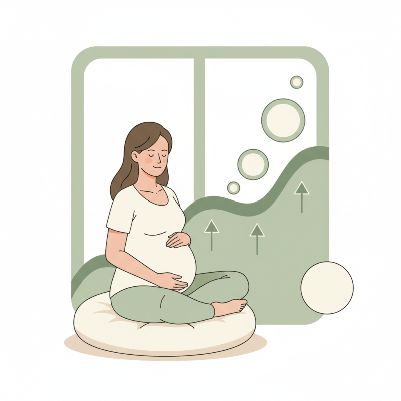 Ilustración de la técnica de respiración ascendente en hipnoparto: mujer embarazada con visualización de onda ascendente durante la inhalación