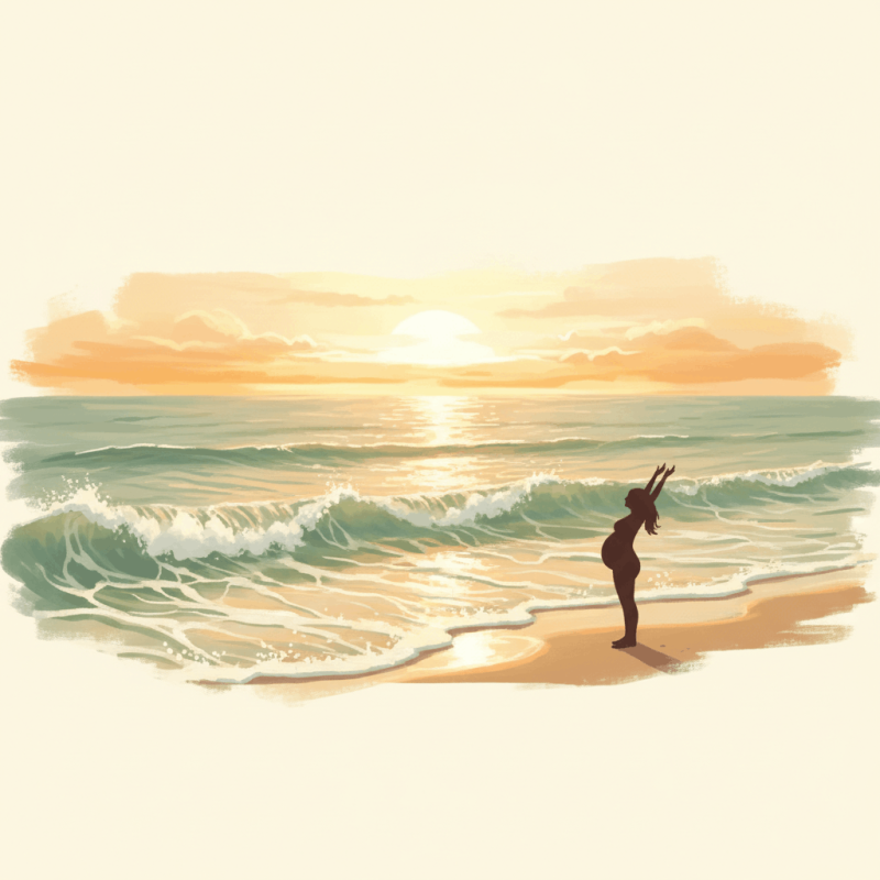 Silueta de mujer embarazada frente al mar al atardecer, olas suaves, cielo cálido — visualización de las contracciones como olas del mar en hipnoparto