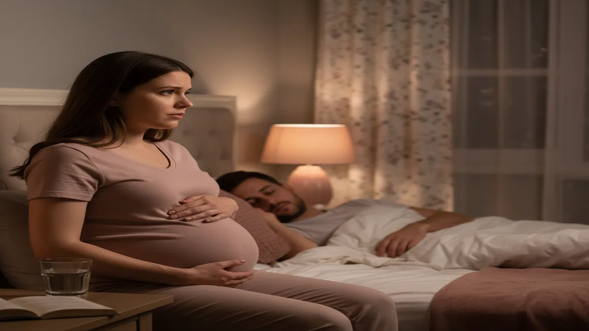 Señales de parto: cómo saber cuándo empieza Mujer embarazada en tercer trimestre sentada en la cama de noche, tocándose el vientre con expresión de duda sobre si ha comenzado el parto