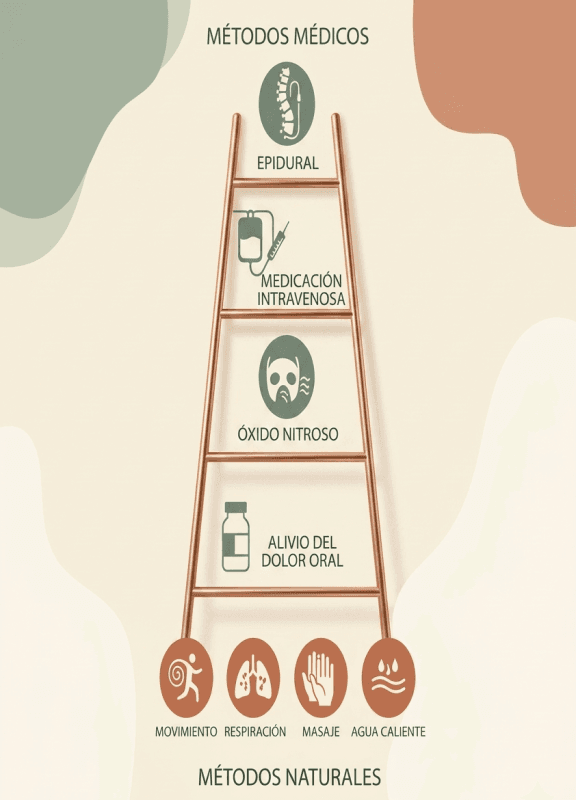 Infografía de la escalera de recursos para el alivio del dolor en el parto. En la base se muestran métodos naturales (movimiento, respiración, masaje, agua caliente) y, ascendiendo por los peldaños, los métodos médicos (alivio del dolor oral, óxido nitroso, medicación intravenosa y epidural).