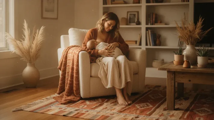 Madre dando el pecho a su bebé de forma tranquila en casa