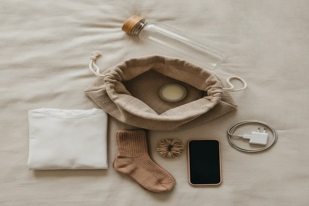 Bolsa pequeña de paritorio con camisón, calcetines, agua y móvil preparada para el parto