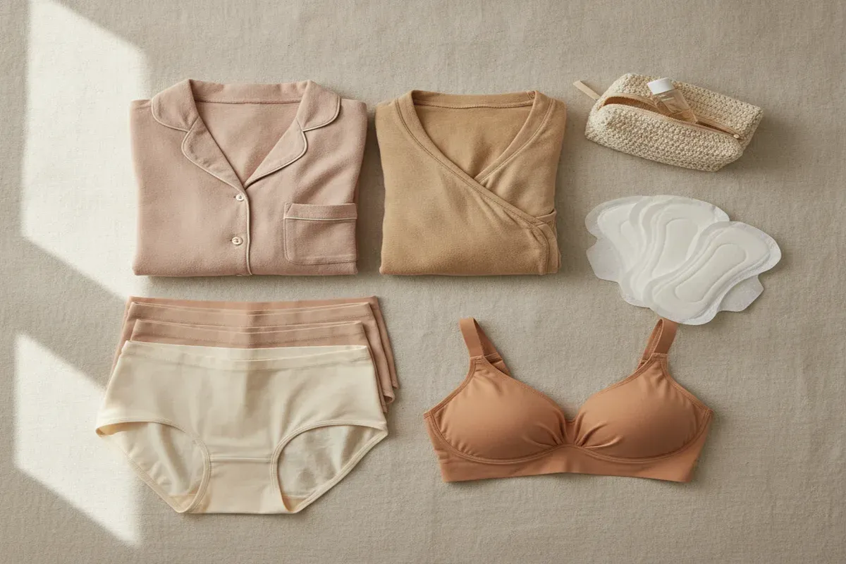 Artículos de posparto para la madre ordenados: pijamas de lactancia, compresas y neceser