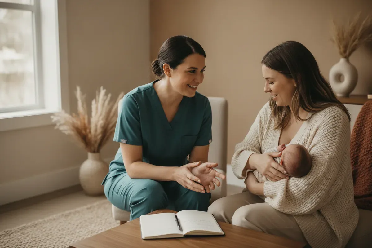 Matrona asesorando a una madre con su bebé sobre lactancia