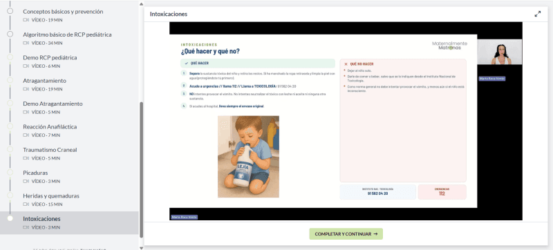 Diapositiva del curso sobre intoxicaciones infantiles con un niño manipulando un bote de lejía y los teléfonos de emergencia