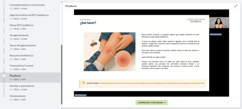 Diapositiva del curso online con los pasos para actuar ante una picadura de abeja en la pierna de un niño