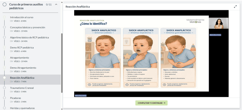 Infografía del curso con los síntomas cutáneos, respiratorios y gastrointestinales del shock anafiláctico en niños