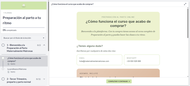 Preparación al parto en Valencia Lección de bienvenida del curso online Preparación al parto a tu ritmo de Maternalmente Matronas que explica cómo funciona el curso y cómo resolver dudas por email o WhatsApp