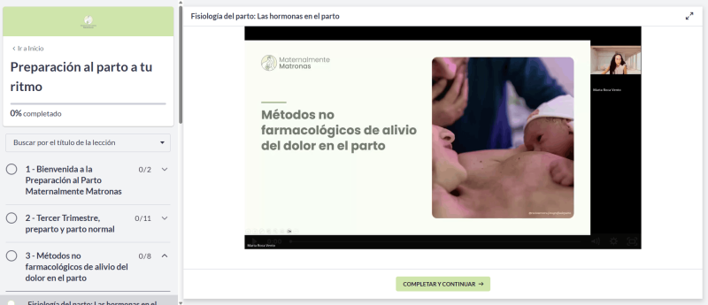 Preparación al parto en Valencia Vista de una lección del curso online Preparación al parto a tu ritmo de Maternalmente Matronas, con el temario a la izquierda y el vídeo de la clase sobre métodos no farmacológicos de alivio del dolor