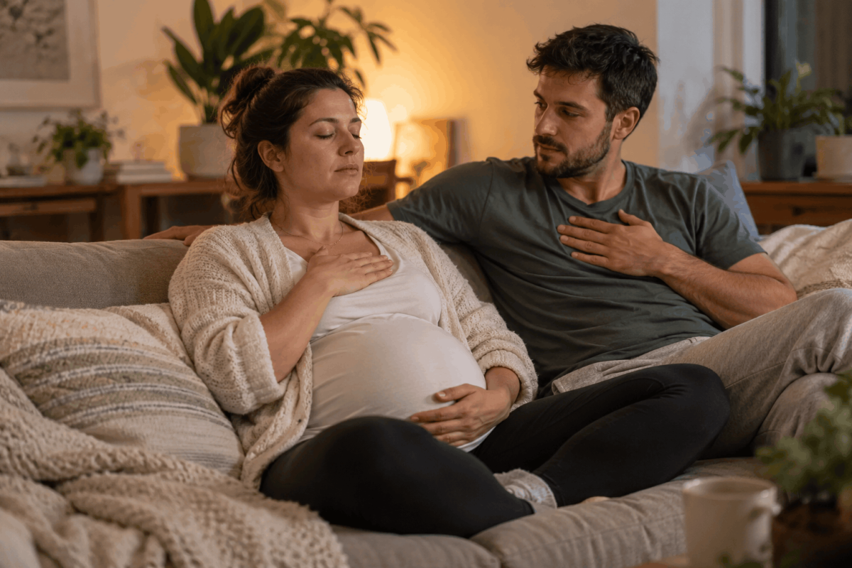 Las 12 herramientas del hipnoparto para el día del parto (y cómo practicarlas en casa) Mujer embarazada y su pareja sentados en el sofá practicando juntos la respiración con una mano en el pecho
