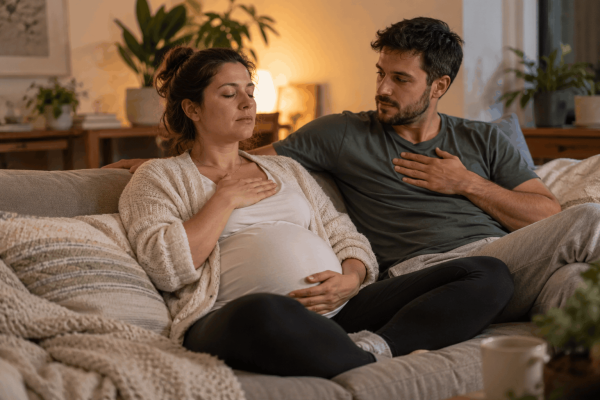 Las 12 herramientas del hipnoparto para el día del parto (y cómo practicarlas en casa) Mujer embarazada y su pareja sentados en el sofá practicando juntos la respiración con una mano en el pecho