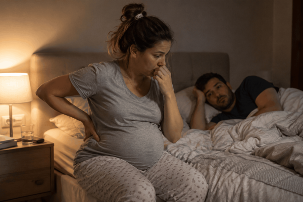 Señales de parto: cómo saber cuándo empieza Mujer embarazada sentada en la cama de noche con la mano en la zona lumbar y gesto de preocupación mientras su pareja la mira desde la cama