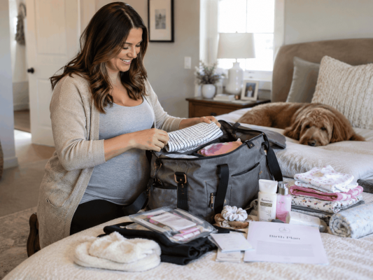 ¿Qué llevar en la bolsa del hospital para el parto? ¿Qué llevar en la bolsa del hospital? Mujer embarazada preparando la bolsa del hospital sobre la cama con ropa de bebé, productos de aseo y el plan de parto