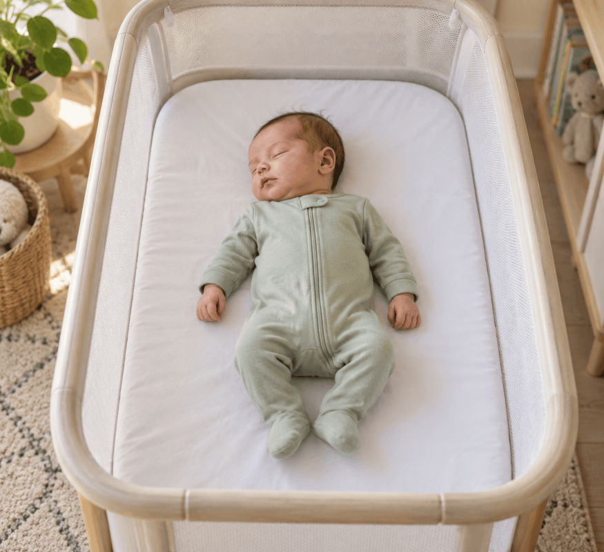 Cuidados del recién nacido: guía para los primeros días Bebé dormido boca arriba en una minicuna con pijama verde, sin almohadas ni objetos sueltos